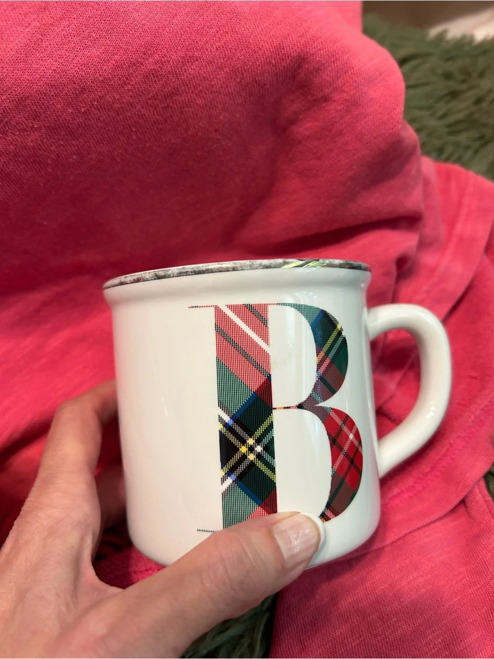 Pottery Barn White Ceramic Stewart Plaid Mugs - Set of 2